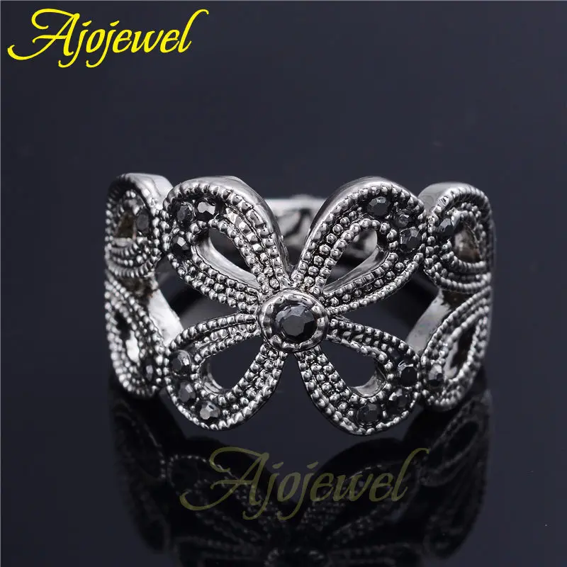 Ajojewel #6-9 Black Crystal Rhinestone Flower Ring Woman Vintage Finger Jewelry