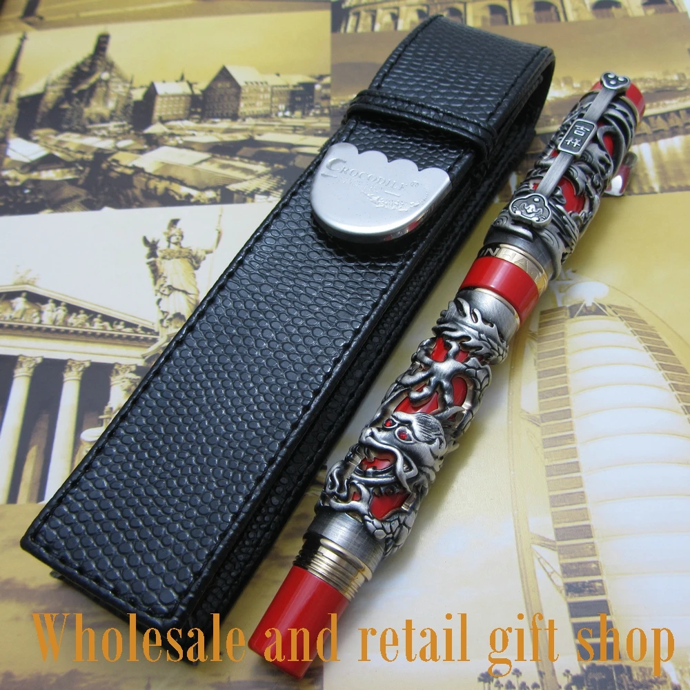 Jinhao Dragon Phoenix Heavy Gray Red Chinese Classical Luck Clip Fountain Pen and pen bag