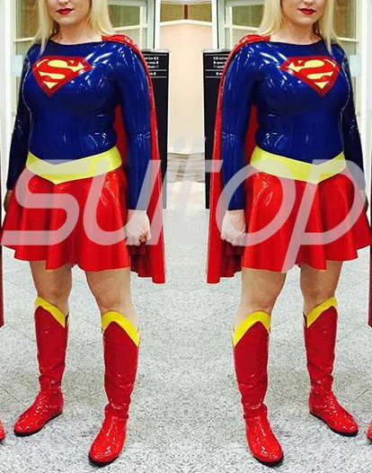 New Arrival Women 's Latex Supergirl suit tights uniforms (top+cape+skirts)