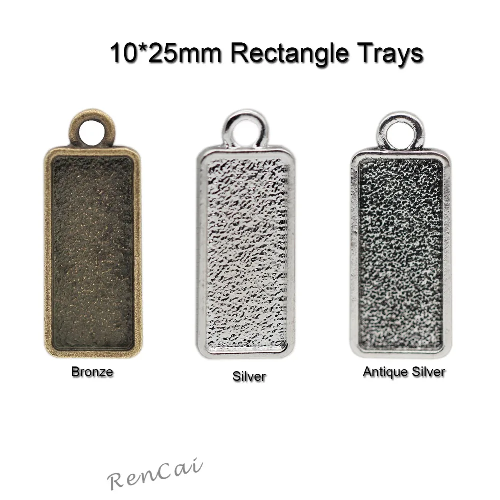 Bandejas colgantes rectangulares de 10x25m, Base en blanco de hormiga, marco de cabujón plateado/bronce/plateado, ajustes de bisel para camafeo colgante DIY, 50 unids/lote