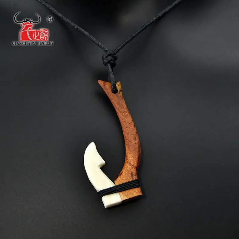 GX059 Hawaii wood fish Hook necklace yak bone necklaces New Zealand Maori pendant Primitive tribes jewelry Handmade for surfing