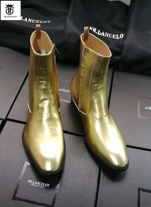 FR.LANCELOT 2020 gold sequin leather men booties Chelsea Boots metallic gold Ankle Boots Men\'s Fashion Spring Autumn Boots