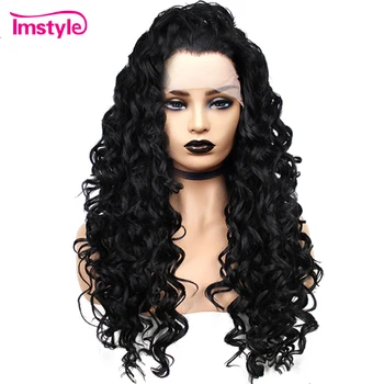 Imstyle Synthetische Lace-Front-Perücken, lange schwarze lockige Perücken für Frauen, Spitzenperücke, hitzebeständige Faser, Naturhaar-Perücke
