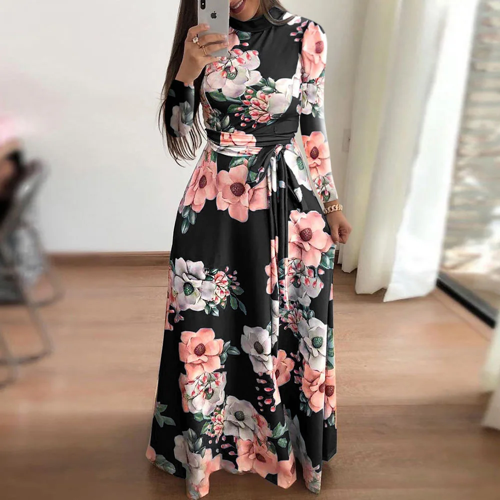 

Women Summer Dress 2019 Casual Long Sleeve Long Dress Boho Floral Print Maxi Dress Turtleneck Bandage Elegant Dresses Vestido