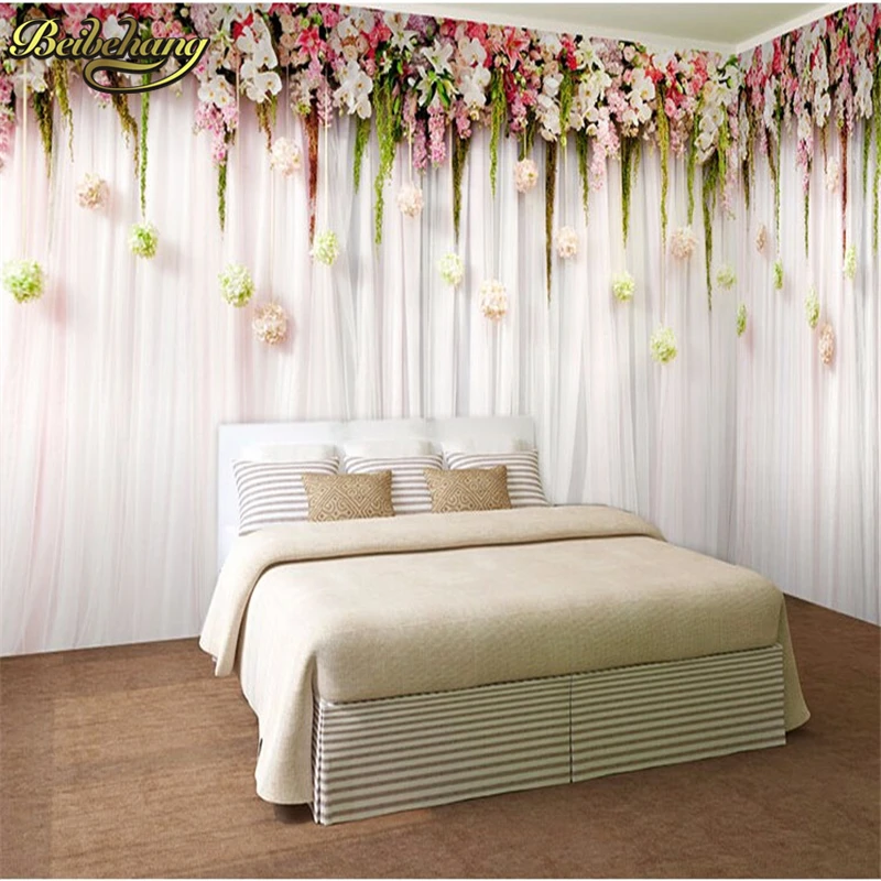 beibehang photo mural wall paper Romantic flowers hanging cozy bedroom wedding venue meal large mural wallpaper for living room