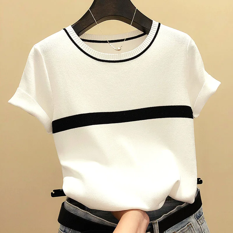 Shintimes Dünne Gestrickte T Shirt Frauen Kleidung Neue Sommer Frau Kurzarm Tees Tops Gestreiften Casual T-Shirt Weibliche T-shirt Femme – Detail 4