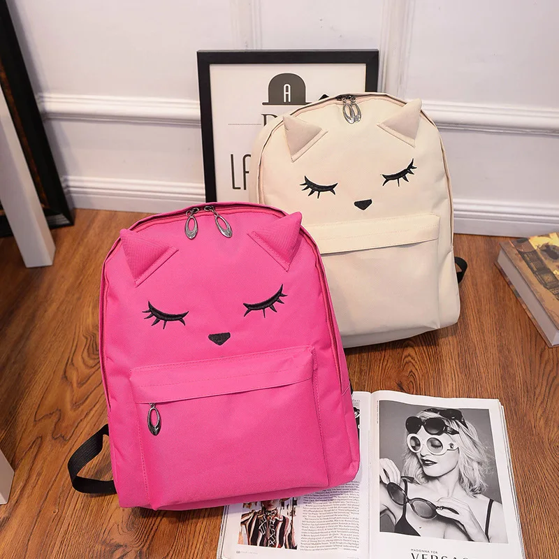 Cute Cartoon Embroidery Cat Printing Backpack Canvas Backpacks For Teenage Girls College Style Casual Backpack Mochilas