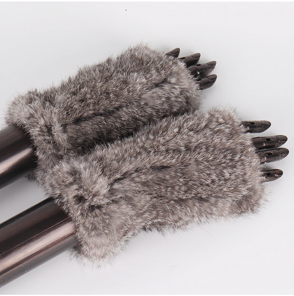 New Women 100% Real Genuine Knitted Rex Rabbit Fur Mittens Winter Warm Lady Real Fur Fingerless Gloves Handmade Knit Fur Mitten