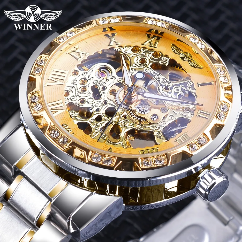 

Winner Golden Skeleton Watches Luxury Diamond Design Silver Stainless Steel Men's Mechanical Wrist Watches Luminous Male Clock