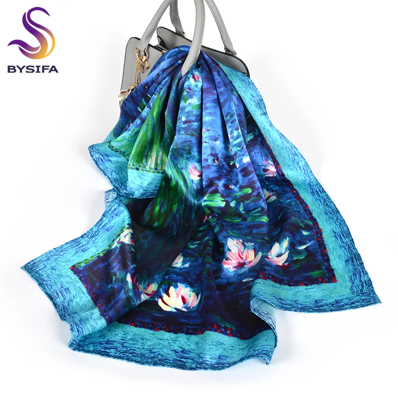 

[BYSIFA] Women Silk Scarf Shawl Fall Winter Blue Neck Scarves New Oil Painting Lotus Pond Design 100% Silk Square Scarves88*88cm