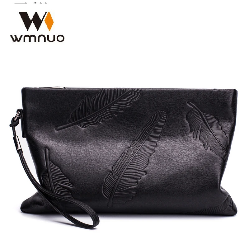 

Wmnuo Brand Day Clutches Men Long Hand Bag Genuine Leather Male Leaves Embossing Envelope Bag Wristlets Wallet High Quality