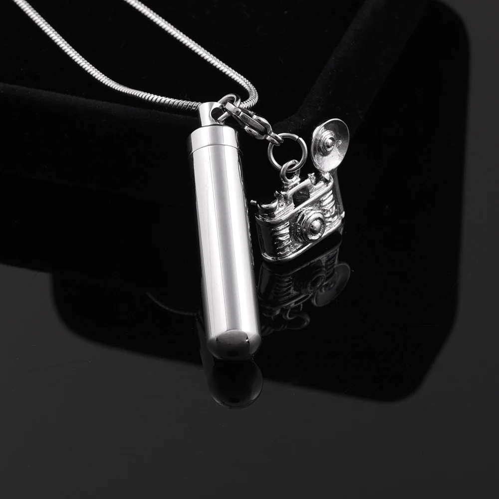 Hot Sale Cremation Pendant Necklace Stainless Steel Blank Engravable Cylinder With Small camera Charm Keepsake For Ashes Holder