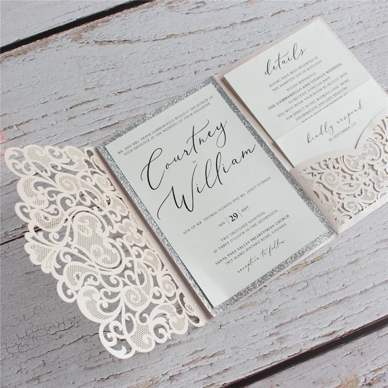 Wedding Invitation Envelope With Glitter Silver Border Insert Soft Pink Floral Heart Laser Cut Invite Holder