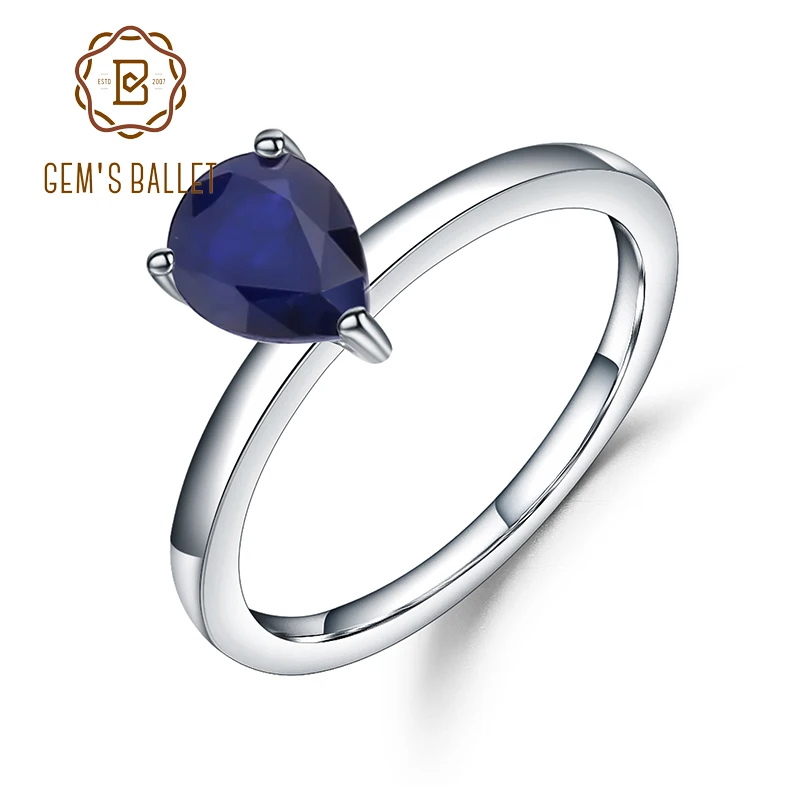 Gem\'s Ballet 1.29Ct Natural Blue Sapphire Solitaire Gemstone Rings 925 Sterling Silver Water Drop Ring For Women Fine Jewelry