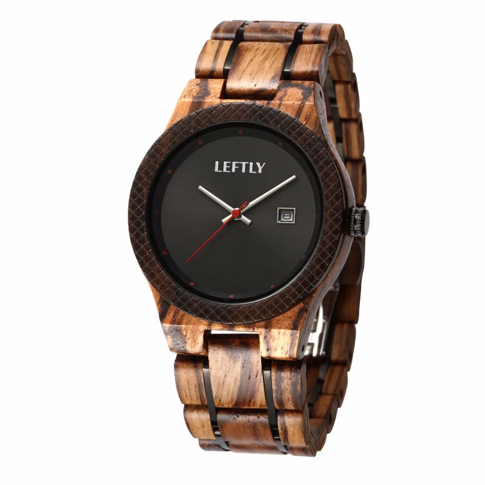 LEFTLY Mens Wooden Watch Analog Quartz Movement Lightweight Zebra Wood Vintage Calendar Wrist Watch