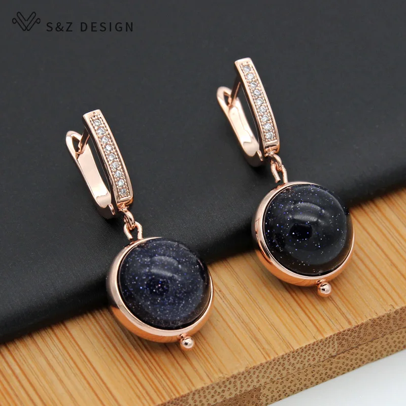 S&Z DESIGN New Trendy Zircon Natural Golden Sand Stone Drop Earrings For Women Fine 585 Rose Gold Color Fashion Jewelry