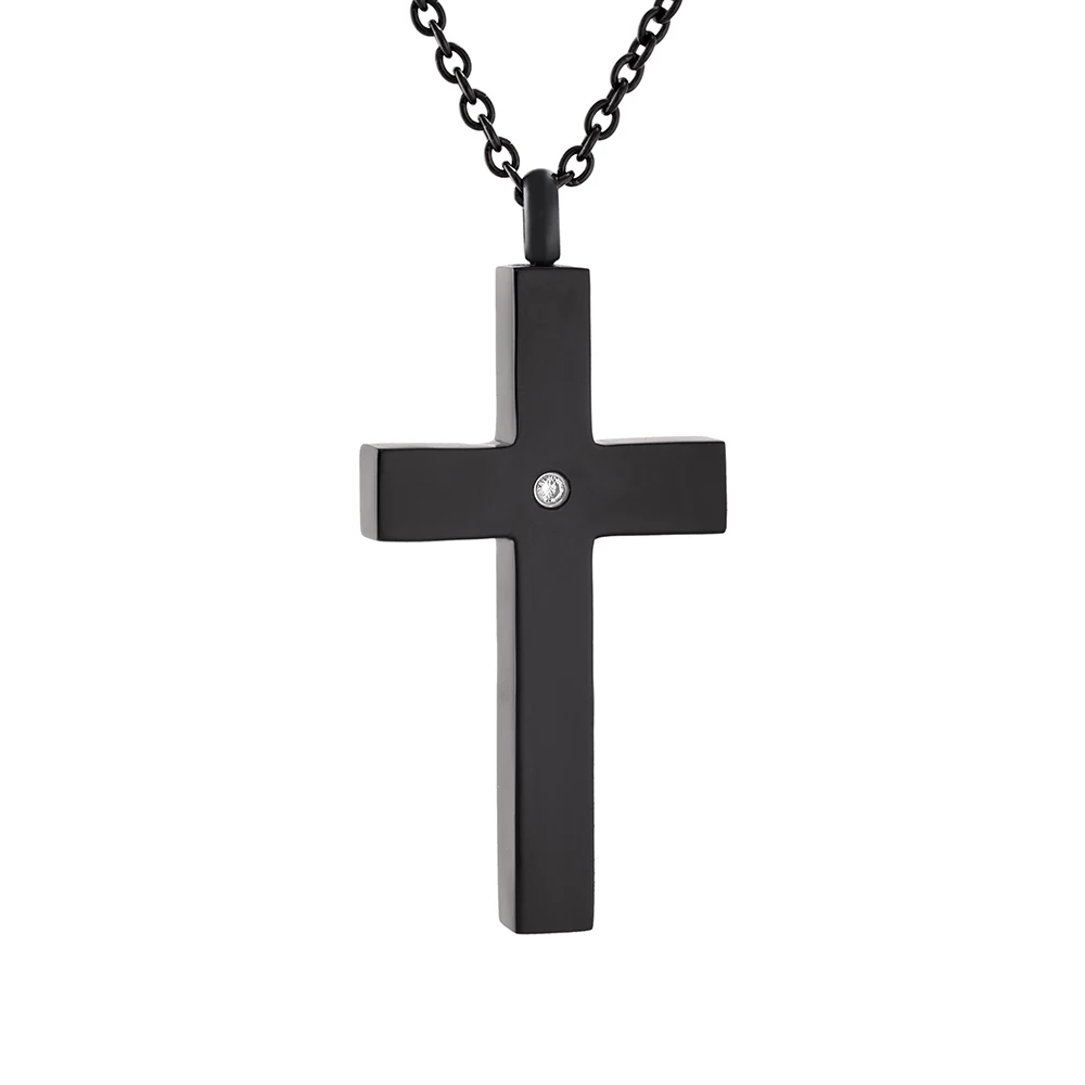 IJD9848 Silm Memorial Stainless Steel Cremation Cross Urn Pendant Necklace Crystal Funeral Black Ashes Keepsake Urn Stash