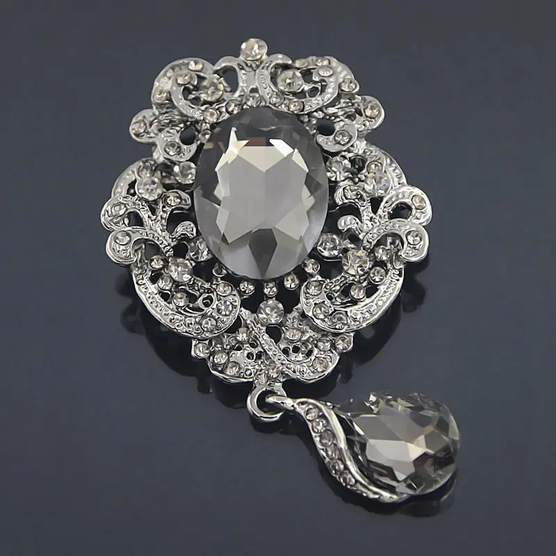 One Piece Retail! Retro Style Black Big Waterdrop Crystal Brooch Elegant Black Colored Flower Women Brooch Pins