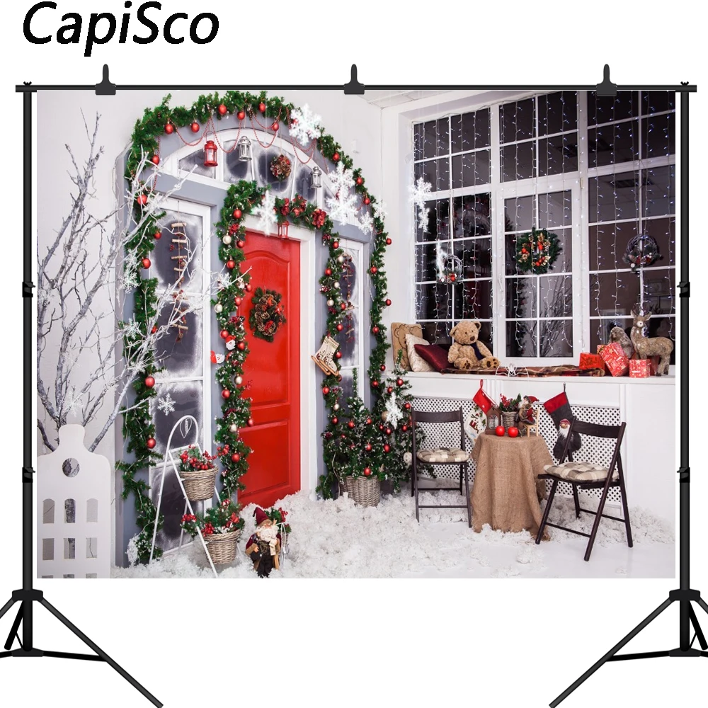 

Capisco photography backdrops red wooden doors christmas trees decoration bright Window photocall background studio