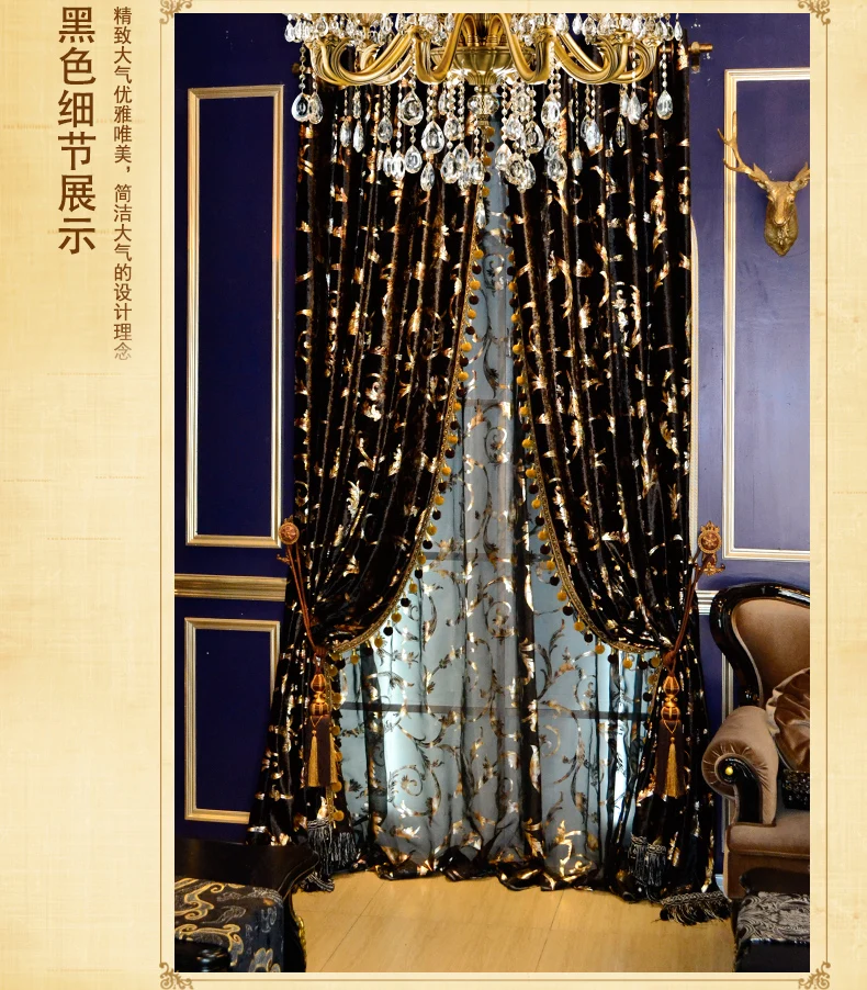 Custom curtain black gold European American high quality curtain luxurious velvet Bronzing cloth blackout curtain valance E655 image 2
