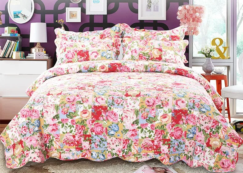 

American Europe Quality Cotton Floral Embroidery Patchwork Quilting QUITLS 3Pcs Printed Flower BedCover Bedspread Coverletsheet