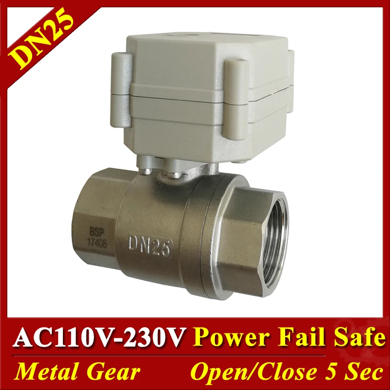 Tsai Fan motorized ball valve 2/5 wires DN25 stainless steel Electric valve AC110V-230V Spring return for HVAC systems