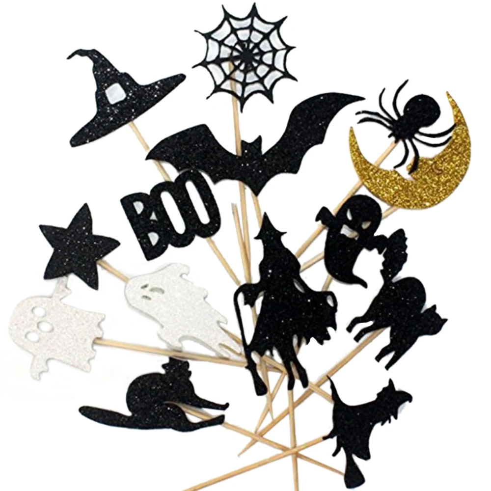 14Pcs Halloween Cake Topper Cupcake Wrappers Boo Pumpkin Elf Spider Ghost Witch Hat Bat Dessert Cake Decorations