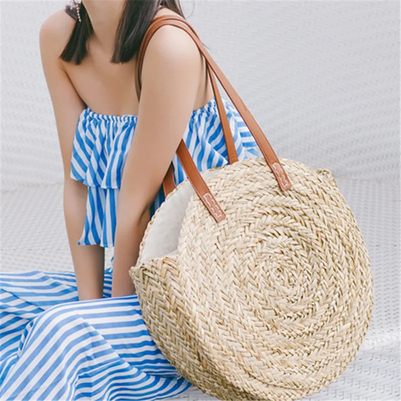 

2018 Moroccan Palm Basket Bag Women Hand Woven Round Straw Bags Natural Oval Beach Bag Big Tote Circle Handbag Fashion