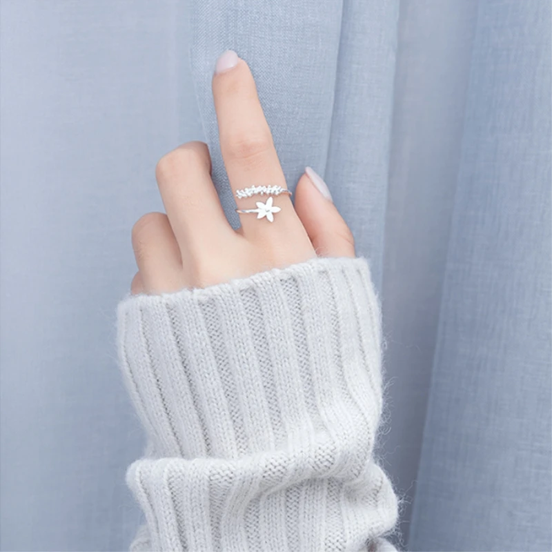 Fresh Flower Silver Color Temperament Personality Literary Fashion Gift Korea Female Resizable Opening Rings SRI172 image 3