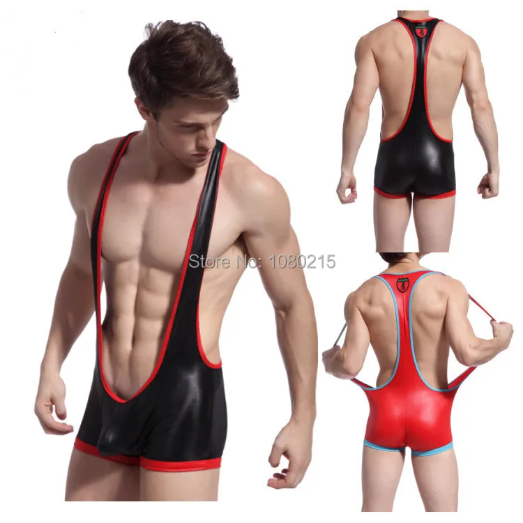 Hot Mens Bodywear Sexy Bulge Pouch Underwear Onesie Boxer Shorts Faux Leather Backless Gay Man Club Stage Wear Leotard Body Suit