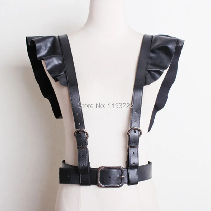 European Streepy Club Pub Handcrafted Leather Women Harness Ruffle Frill Lotus Leaf Shoulder Underbust Body Straps Belt