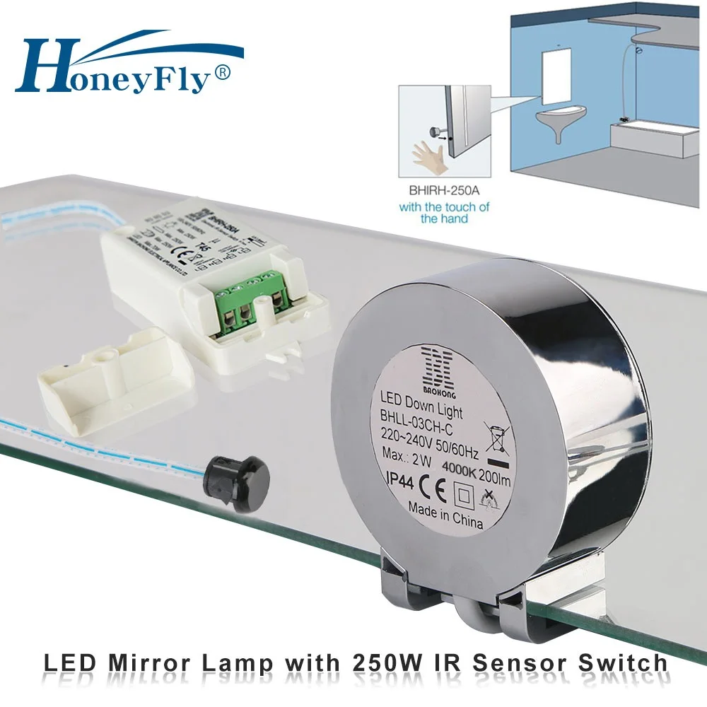 HoneyFly NEW IR Sensor Switch 250W 100-240V with LED Mirror Lamp Clip Mounted 4000K 220V IR Motion Switch+Mirror Light(One Set)