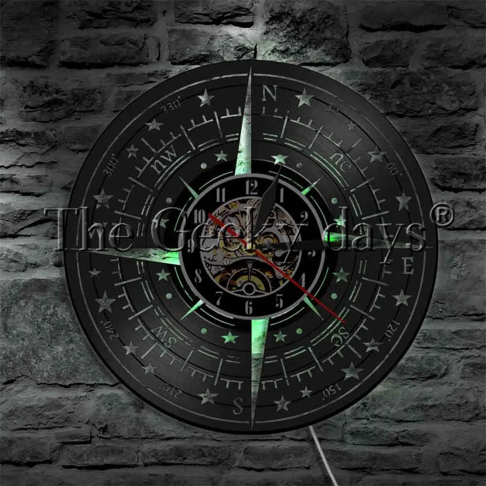 Compass LED Hanging Light Starry Sky Vinyl Record Wall Clock Decorative Wall Light Whimsical Pop Art Antique Gift