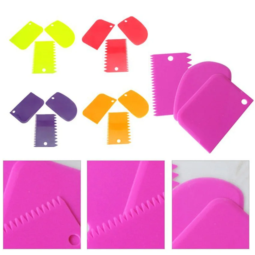 Baking Pastry Tools 3Pcs Plastic Dough Icing Fondant Scraper Cake Decorating Plain Smooth Jagged Edge Spatulas Cutters cake tool 2