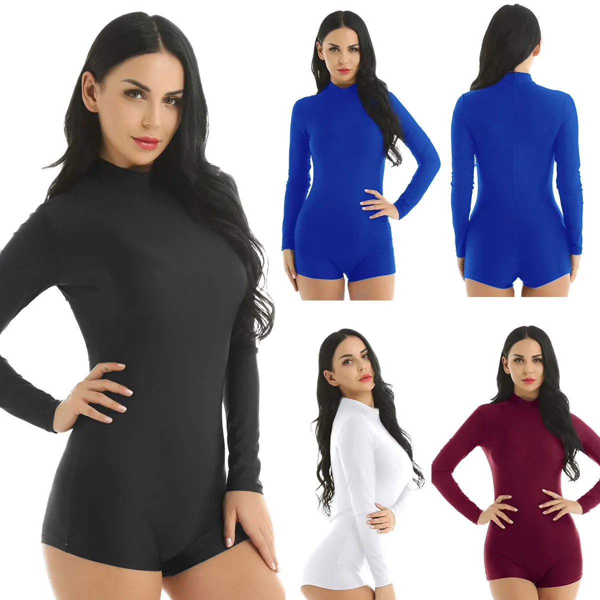 Mock Pescoço Dança Collant Fêmea adulta com Thumbhole Gola Curta Zip Mulheres Unitards Ginástica Leotards Dança Macacão