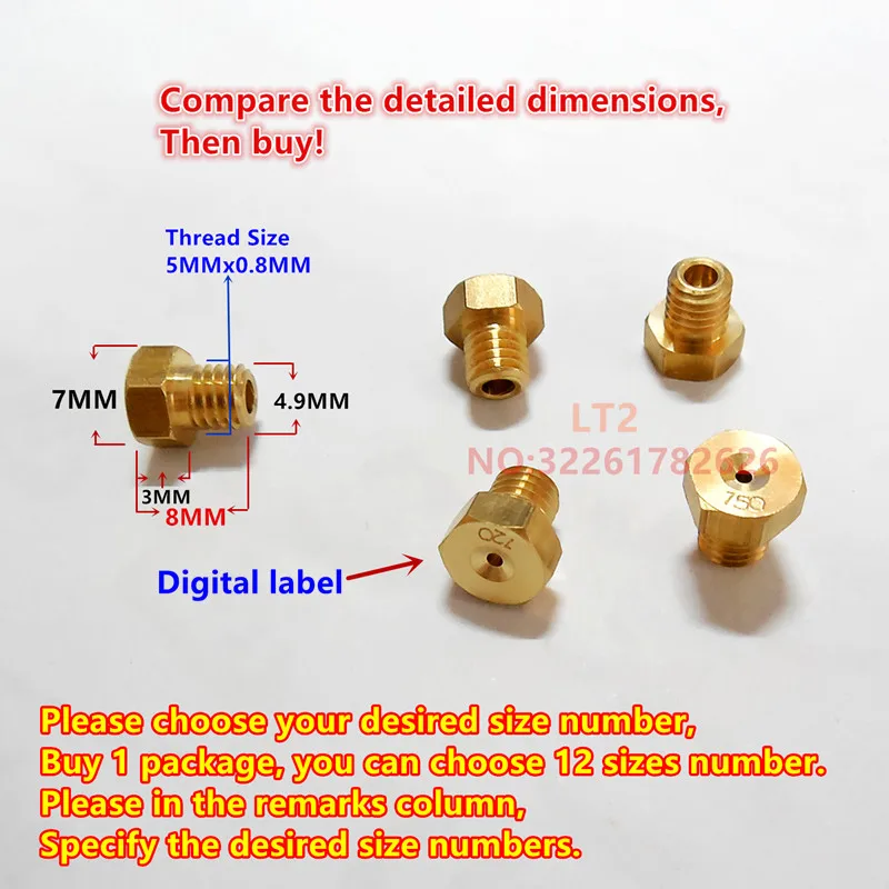 (12 pcs/pack)YM main jet JOG jets TK100 Taikai carburetor hexagonal main injectors nozzles (choose your size)