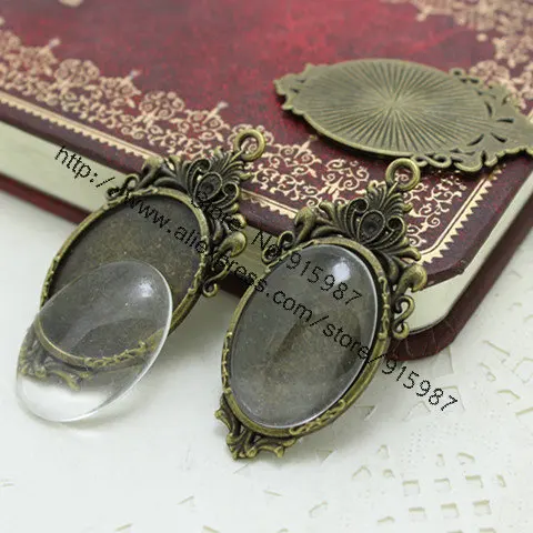 

Sweet Bell 10set two color filigree cameo cabochon 23*45mm(Fit 18*25mm)base setting pendant tray + clear glass cabochons