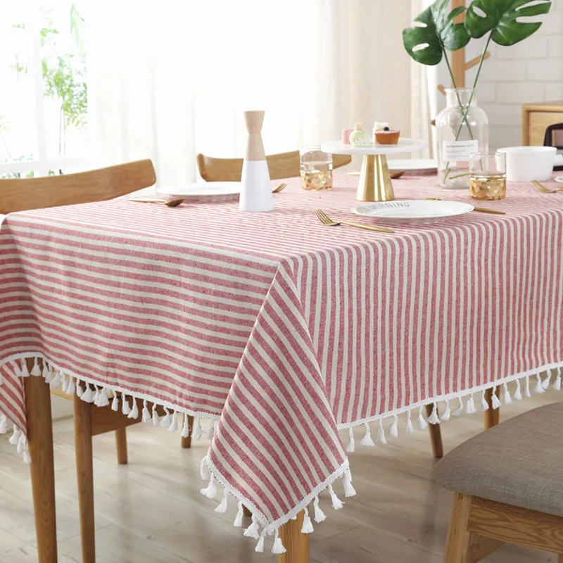 CFen A\'s Quality Dining Tablecloth Rectangle Cotton Linen Stripe Print Table Cloth Tassels Home Kitchen Banquet Table Cover 1pc