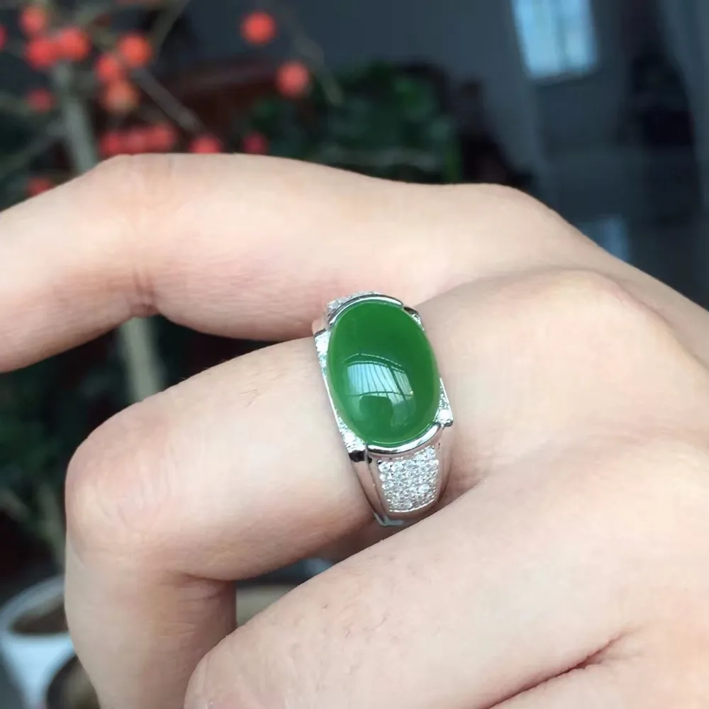 

Natural jasper ring, men's silver ring. 925 silver, green jade, natural gemstone monopoly