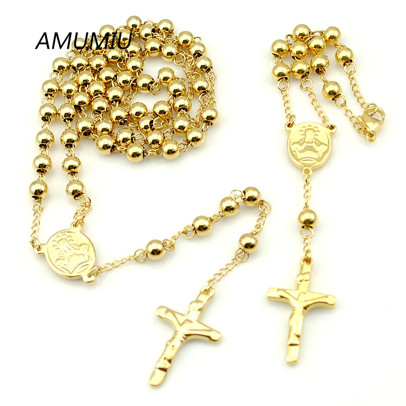 AMUMIU 6mm Beads Chain Gold Color Rosary Bracelet Necklace Sets 2piece/Set Cross Regilious Men Women Jewelry HZTZ075