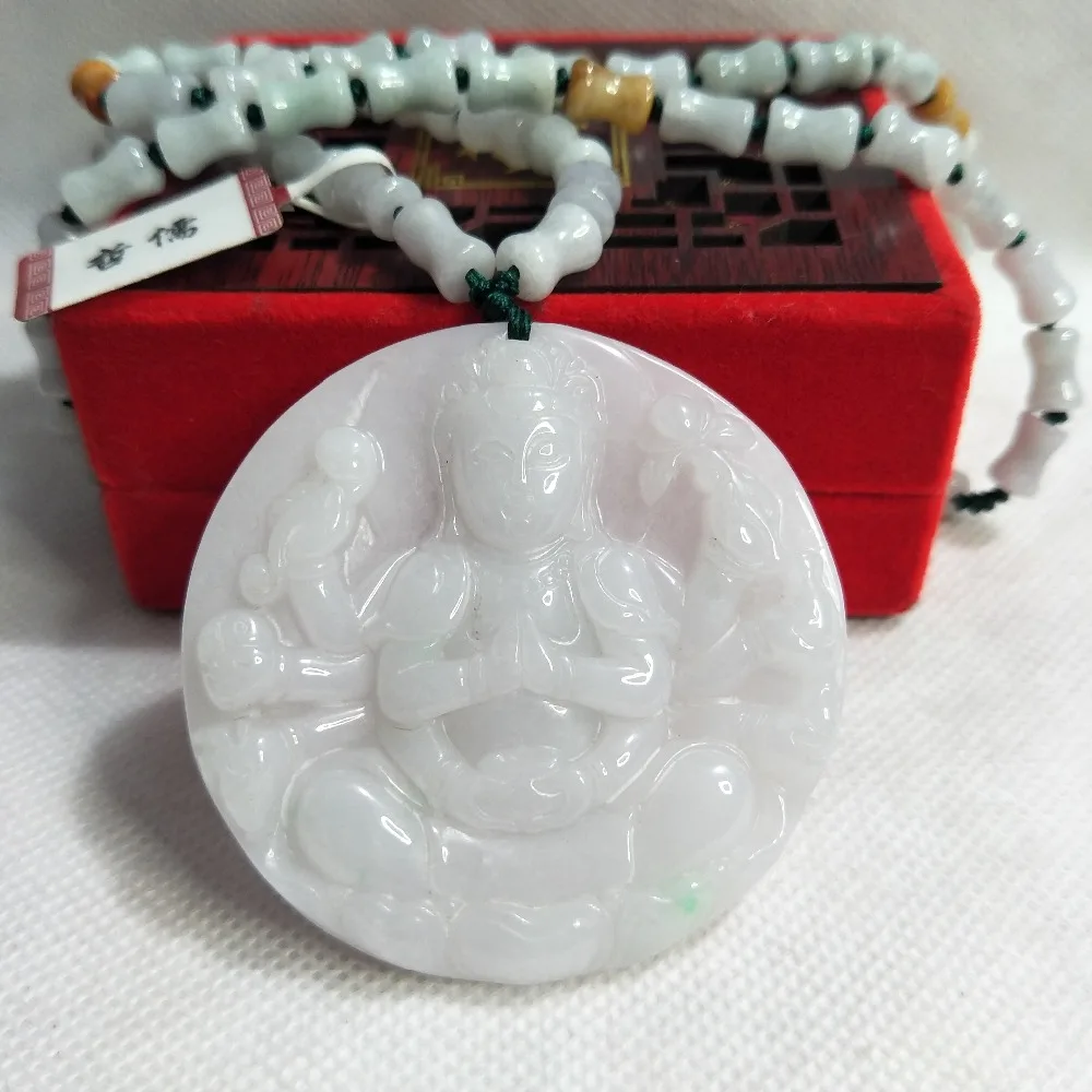 Zheru Jewelry Pure natural Jadeite light-colored Qianshou Guanyin pendant Three-color jadeite jade necklace Send A country inspe