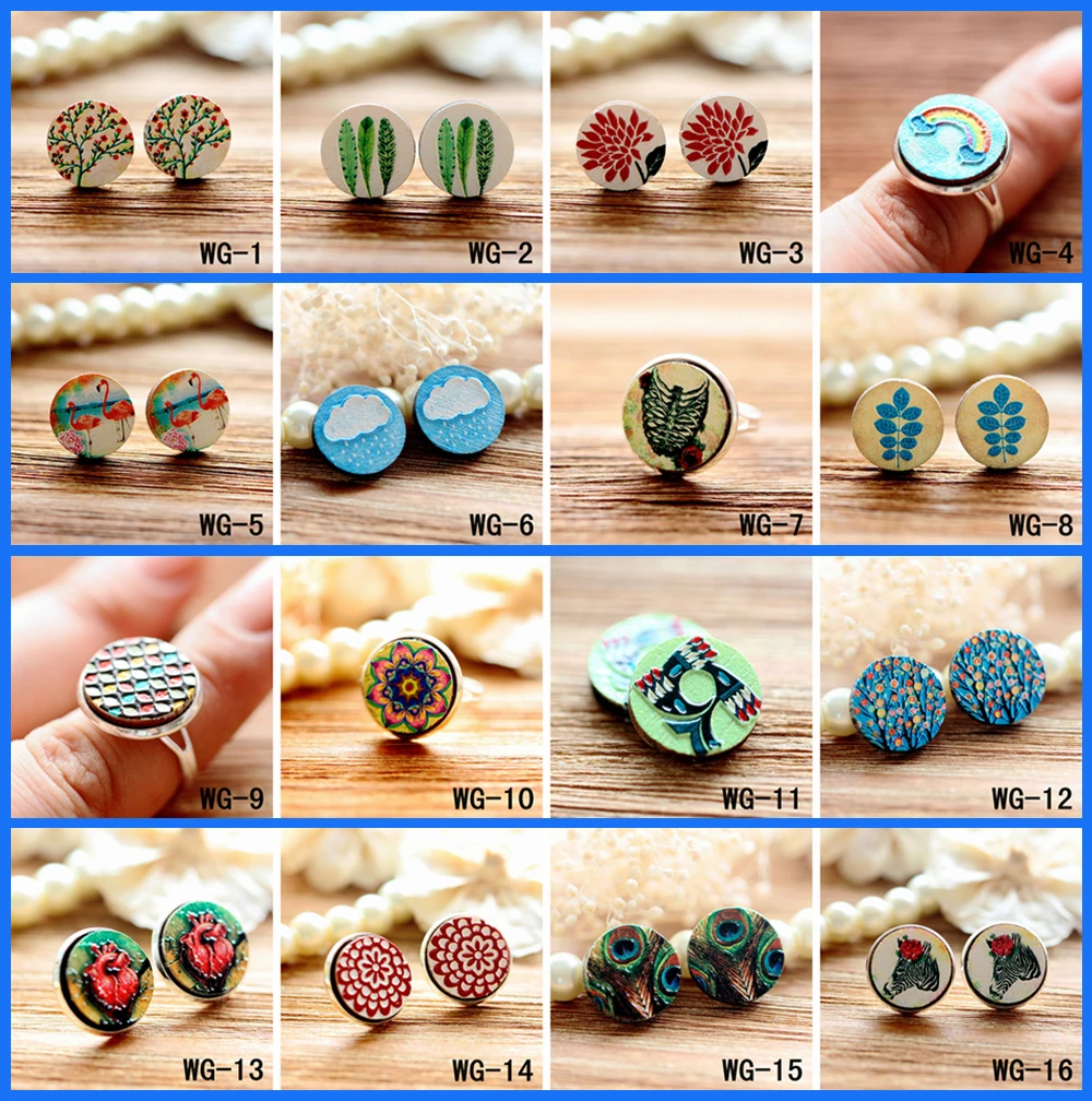 

3D Embossed 16mm Round Coloured Drawing pattern Laser Cut wood Cabochon DIY for Rings, Earring,Brooch(WG-1-16)