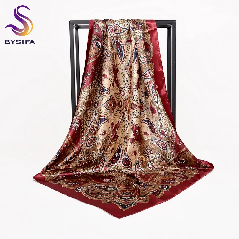 [BYSIFA] Autumn Winter Ladies Scarves New Accessories Women Large Silk Square Scarves New Wine Red Paisley Muslim Islamic Scarf