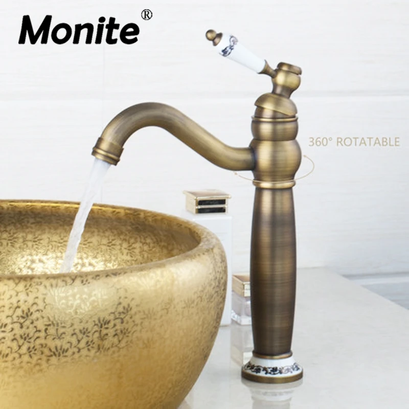 

Antique Brass Bathroom Faucet Bathroom Basin Vessel Sink Mixer Faucet Tap Ceramic Single Handle Deck Mounted Basin Faucet