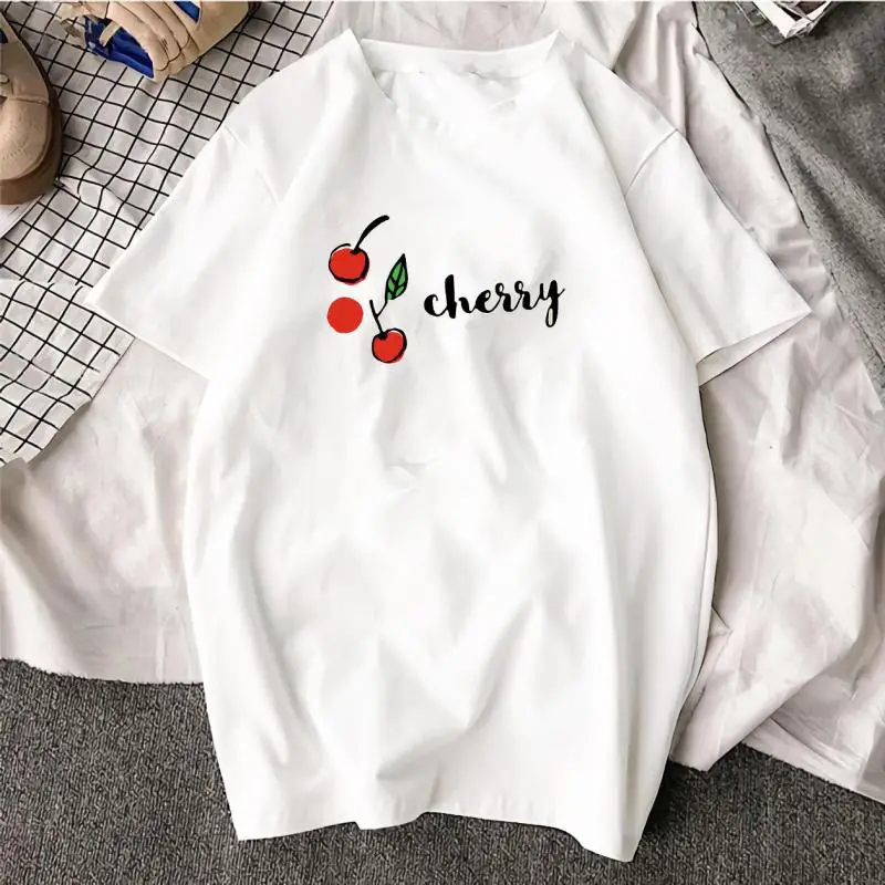 Zuolunouba Summer T shirt female playful cherry print letters Harajuku loose cotton white wild tees tops women clothing