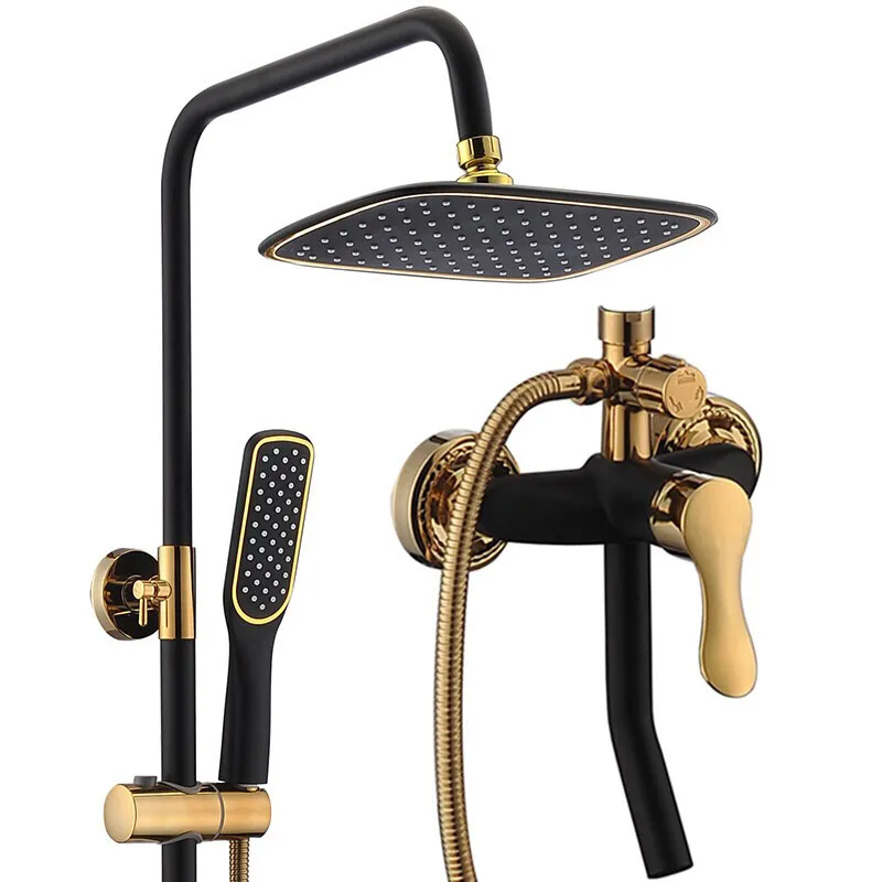 Bath Shower Faucet Set Brass Black Shower Mixer Tap Hot and Cold Wall Mounted Adjustable height with hand shower Bidet tap