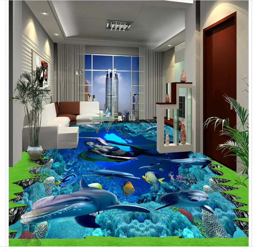 

Ocean dolphin 3D wallpaper floor for living room Custom Photo self-adhesive 3D floor PVC waterproof floor