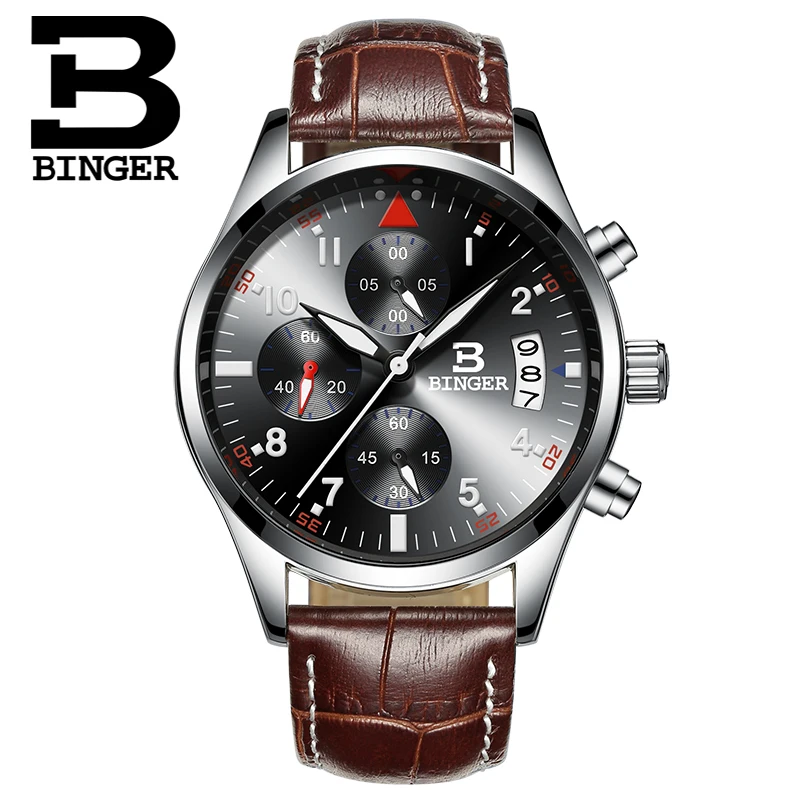 BINGER Brand Sport Men Watch Top Brand Luxury Male Leather Waterproof Chronograph Quartz Military Wrist Watch Men Clock Gift