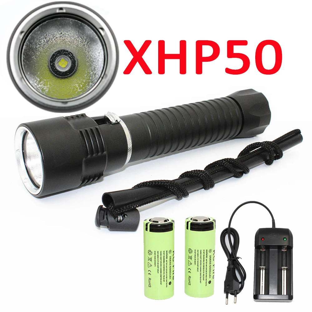 Ultra Bright 2500LM  XHP50 Diving LED Flashlight Torch Waterproof Stepless Dimming underwater lamp + 26650 battery +charger