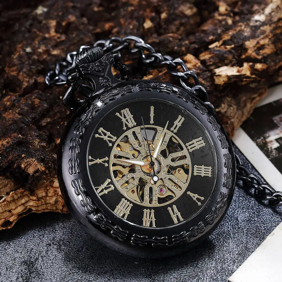 Montre de poche mécanique romaine classique pour hommes, squelette doré, Steampunk, chaînes, Clips, horloge, cadeau